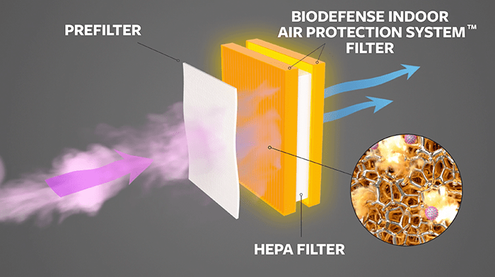 infographic displaying the various filters included in the IVP air filtration system