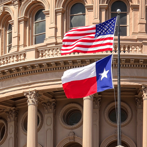 the American flag and the Texas flag waving in front of the Texas Capitol building