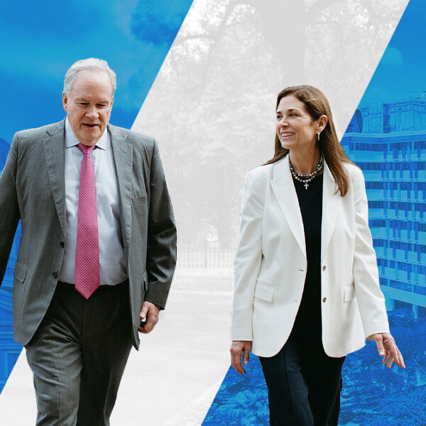 Cris Daskevich (right), the 2026 board chair of the Texas Hospital Association, walks with John Hawkins, President/CEO of the association.