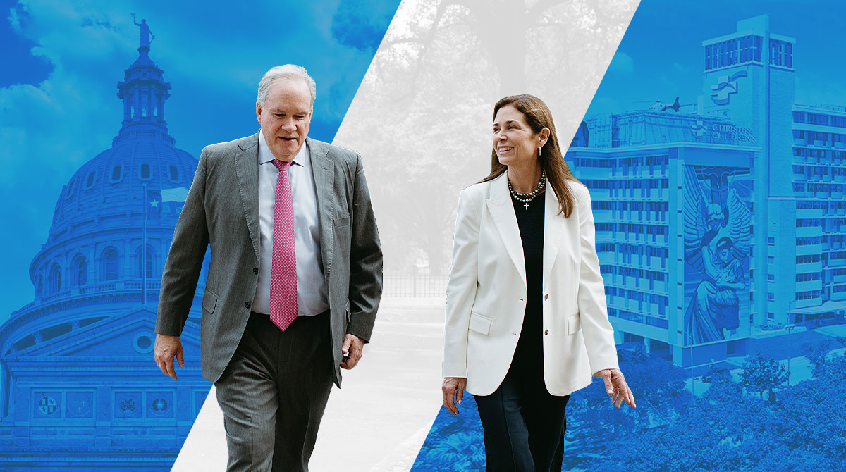 Cris Daskevich (right), the 2026 board chair of the Texas Hospital Association, walks with John Hawkins, President/CEO of the association.