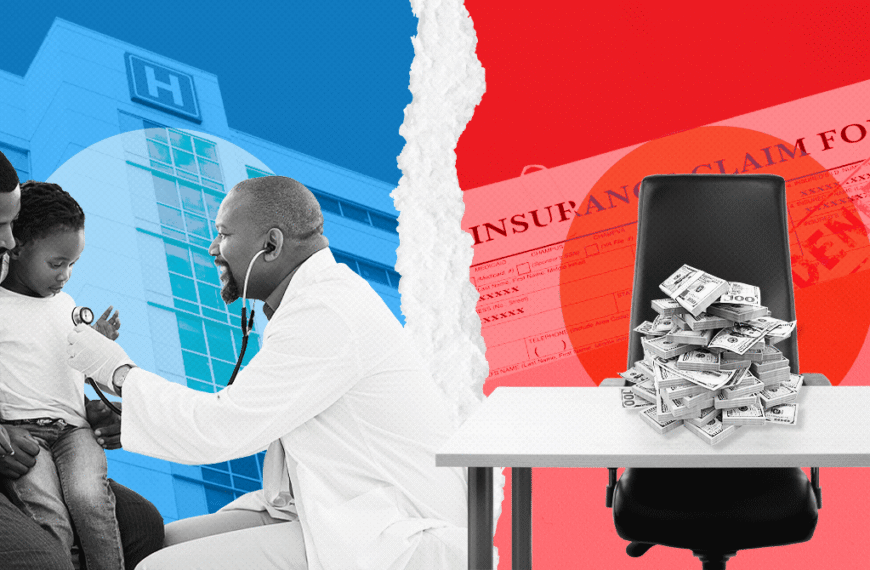 Torn collage showing affordable care on the left with a doctor examining a child, and costly insurance on the right with a money pile atop a chair and an insurance form in the background.