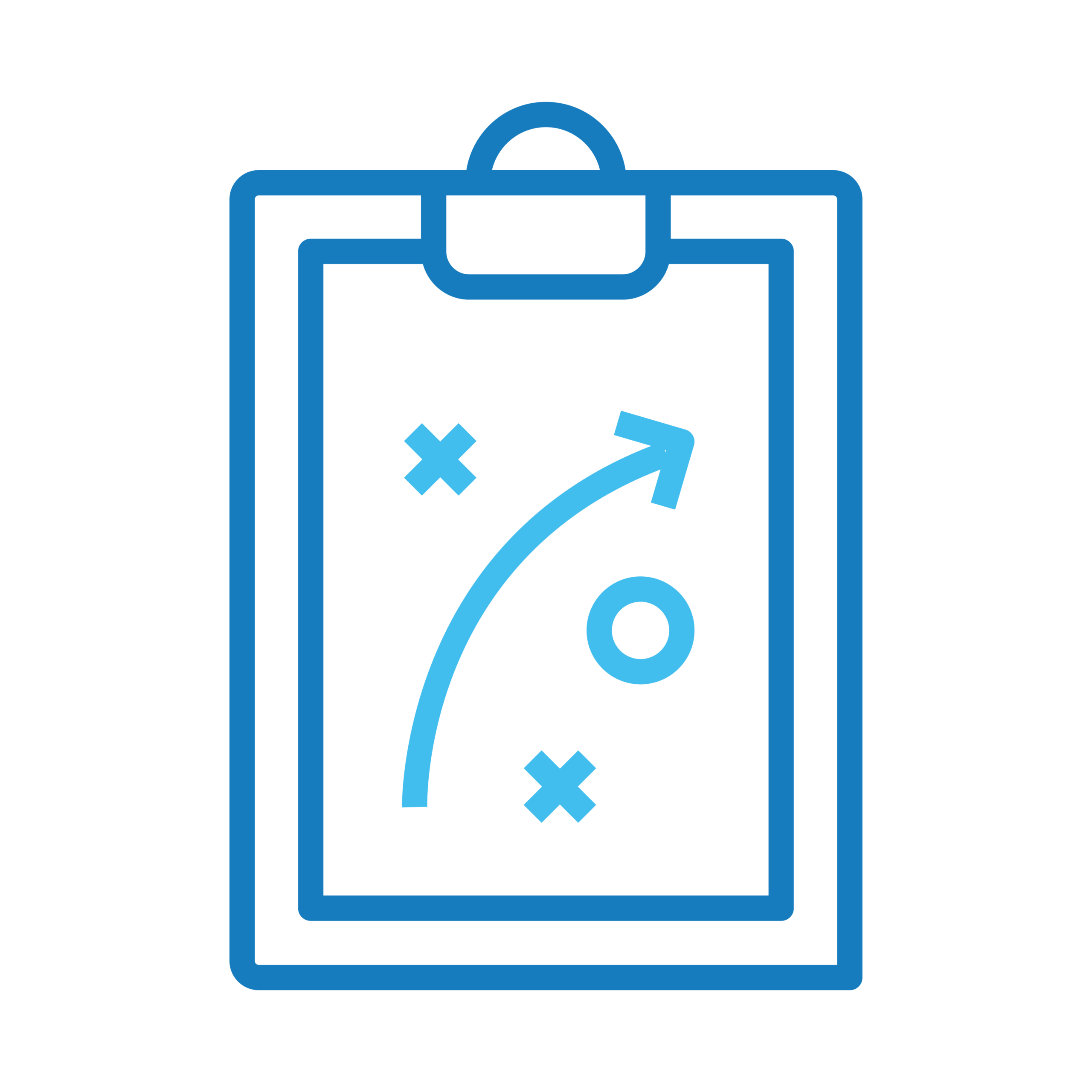 Data and industry insights to maximize growth - Texas Hospital Association Blue clipboard icon displaying a sports play diagram with three Xs, one circle, and a curved arrow indicating movement