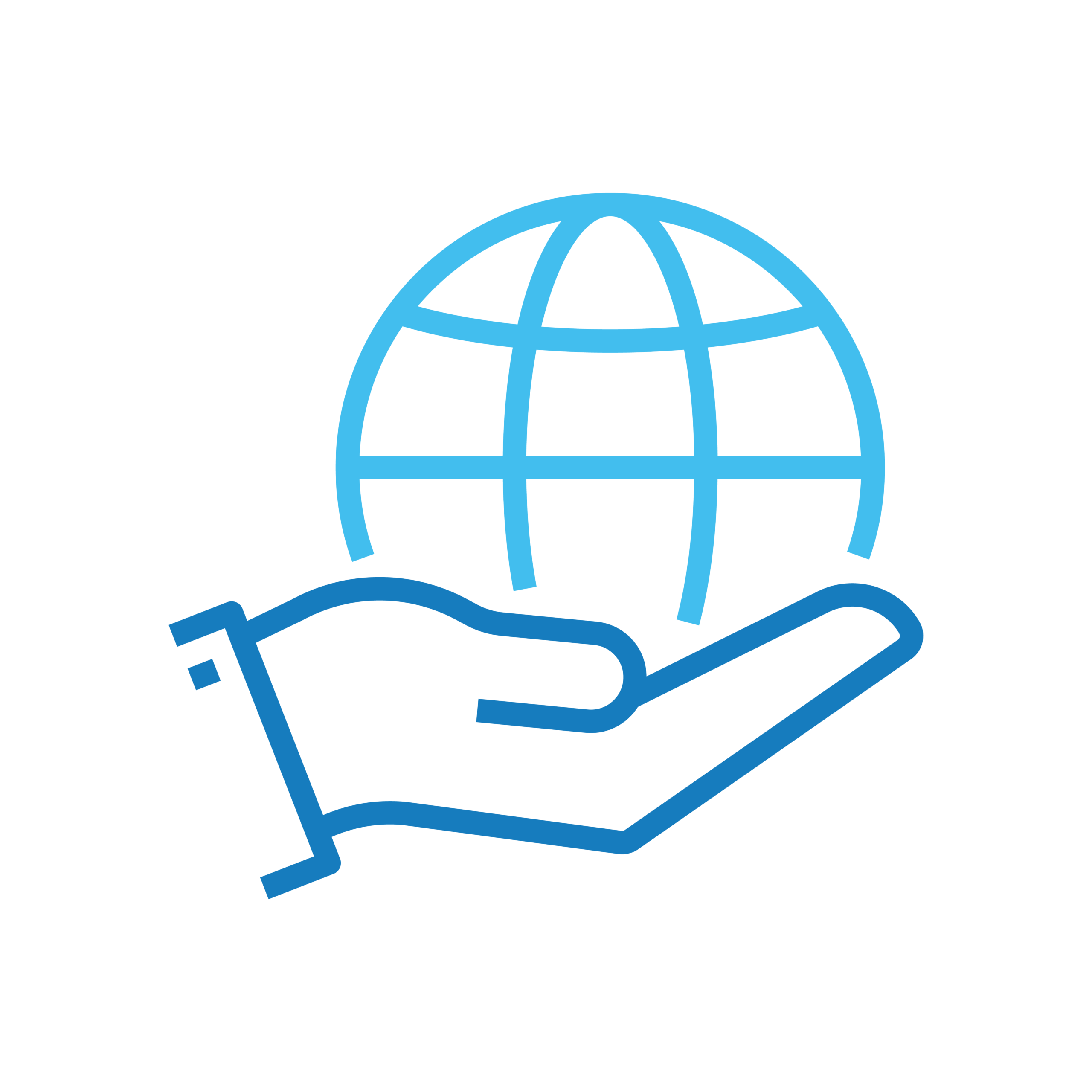 Best of-both-worlds access - Texas Hospital Association Blue line drawing of a hand cradling a globe, symbolizing global support or care on a black background.