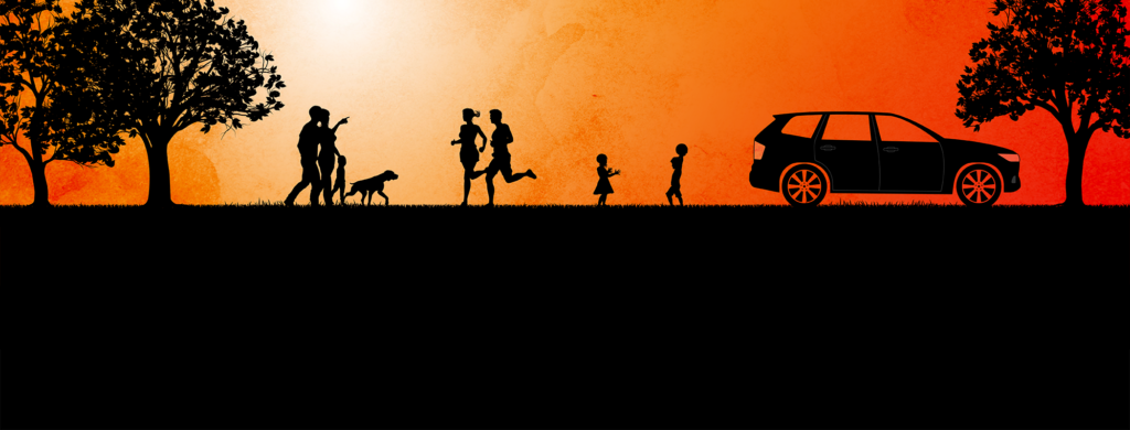 Surviving the Summer: Extreme Heat Safety in Texas - Texas Hospital Association Silhouetted family walking with a dog and a parked SUV against a warm orange sunset.