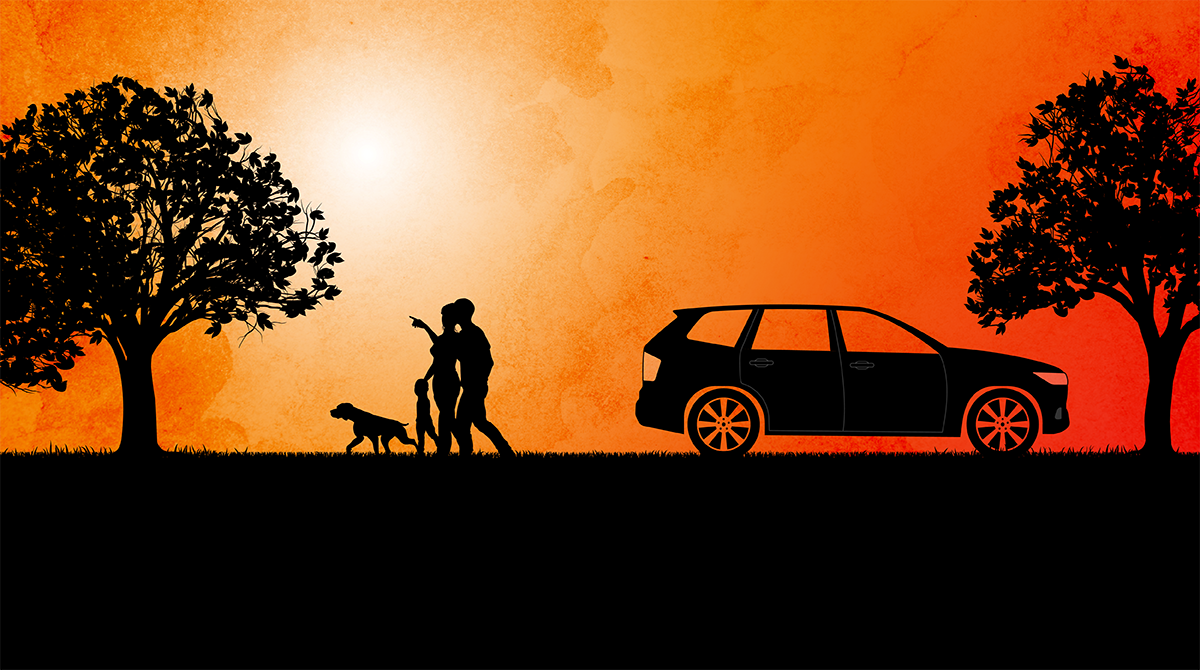 Silhouetted family and dog beside a car at sunset, with two trees framing the scene and one person pointing ahead.