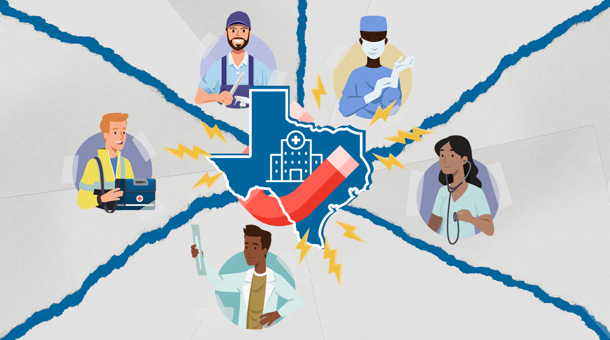 Texas-shaped illustration centered on a hospital icon with a red/blue graphic, surrounded by diverse healthcare workers and medical symbols, conveying Texas healthcare services.