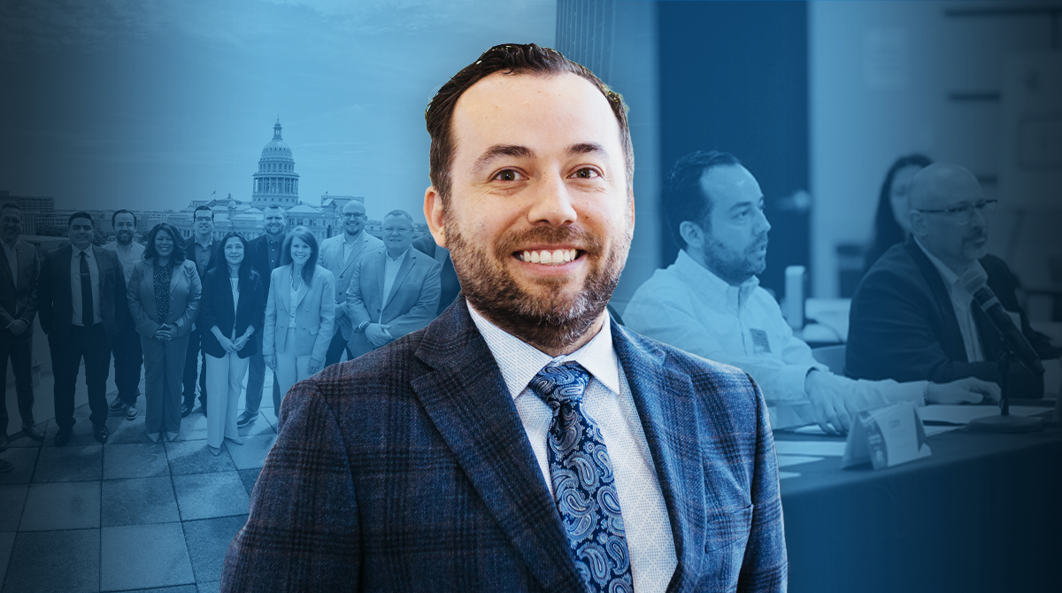 Smiling man in a checkered suit in the foreground with a group of professionals and a government dome in the background, blue-tinted image.