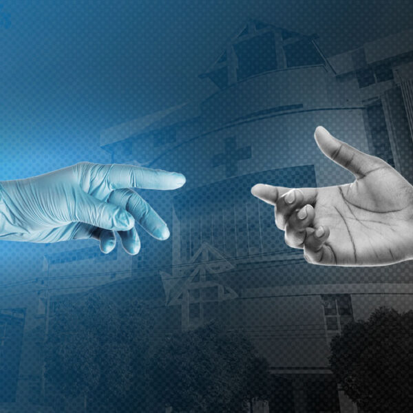 Two hands reaching toward each other, one blue-gloved on the left and a bare hand on the right, over a blue-tinted building backdrop.
