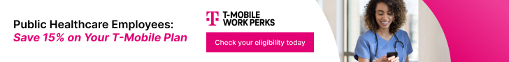 Promotional banner for T-Mobile Work Perks offering 15% off T-Mobile plans to public healthcare employees; CTA reads 'Check your eligibility today'; right shows a smiling woman using a phone.