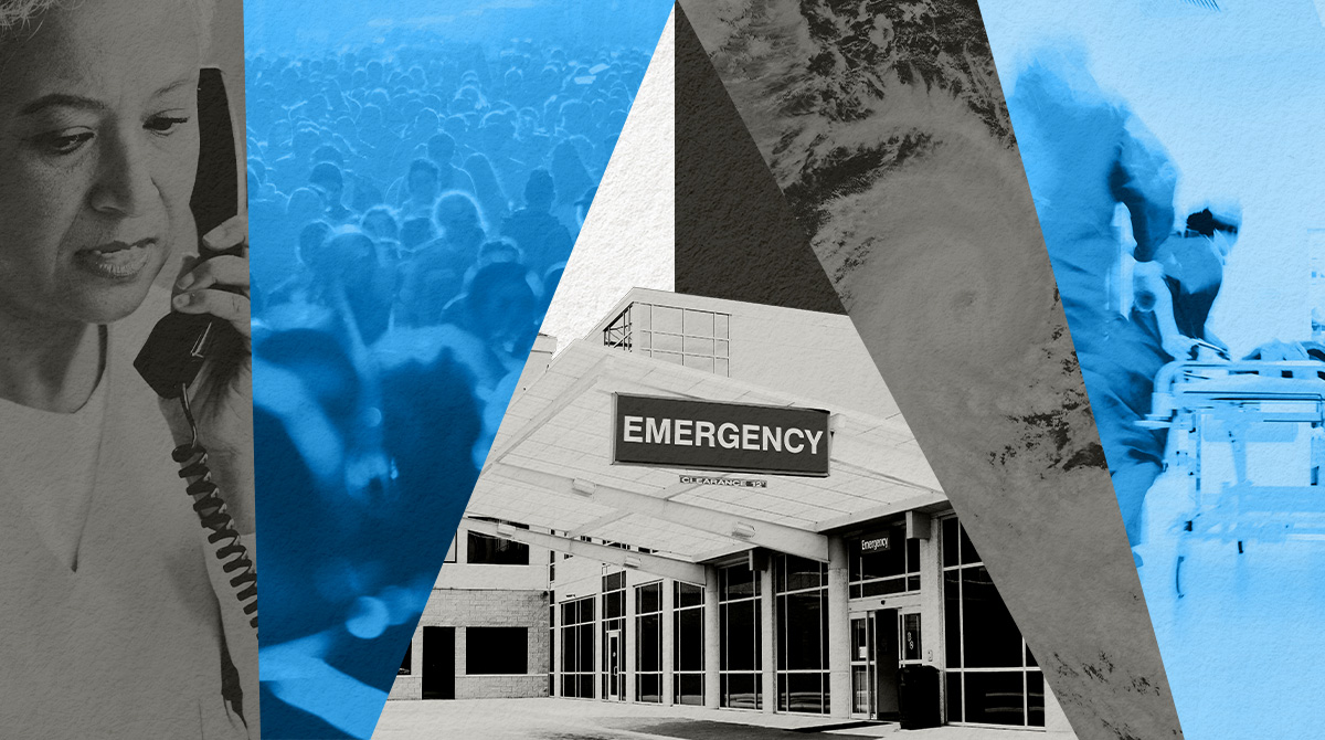 Collage showing a hospital Emergency entrance with blue-toned figures and people, symbolizing emergency medical response.