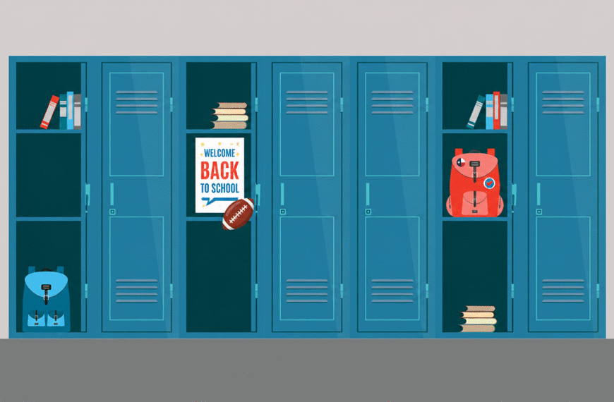 Row of blue school lockers with a red backpack, books, and a welcome back to school poster—back-to-school scene in a hallway.