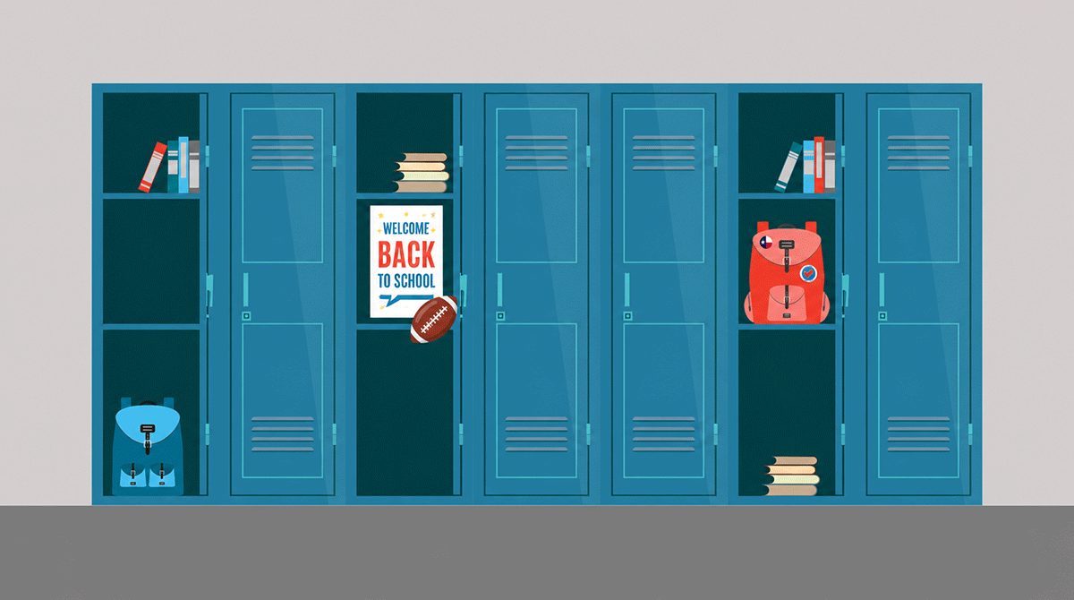 Row of blue school lockers with a red backpack, books, and a welcome back to school poster—back-to-school scene in a hallway.