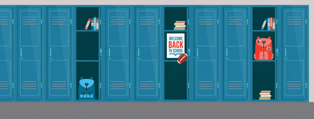 10 Tips for Going Back to School Safely - Texas Hospital Association Row of blue school lockers with open compartments, backpack on the floor, and a'Welcome Back to School' poster in the center locker area.