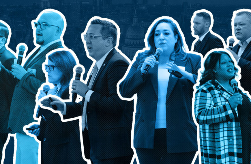 Group of eight professionals holding microphones, speaking on stage at a conference, with white outlines around each figure for emphasis (informative).