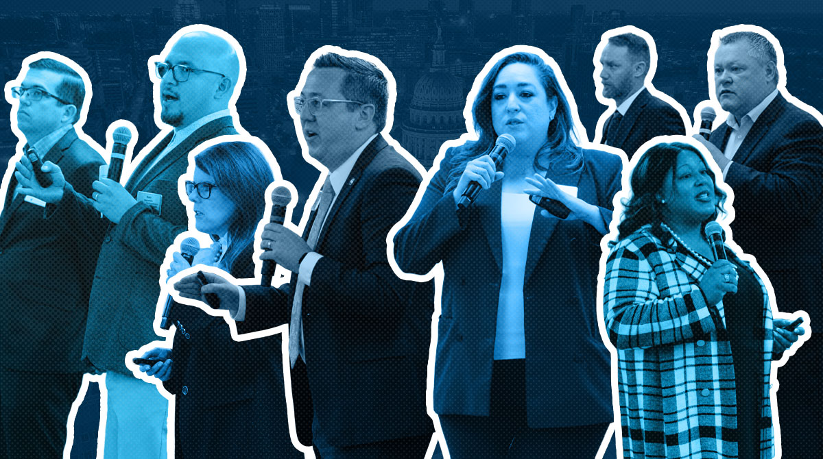 Group of eight professionals holding microphones, speaking on stage at a conference, with white outlines around each figure for emphasis (informative).