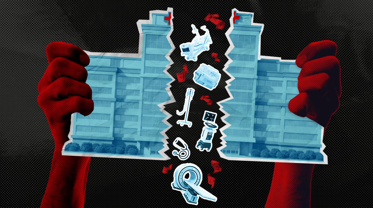 Two red hands tear a hospital image in half, revealing blue medical devices floating in the split against a dark background, conveying strain on healthcare services.