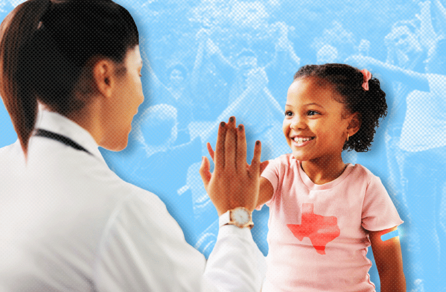 Pediatric clinician high-fiving a smiling girl during a checkup, blue background.