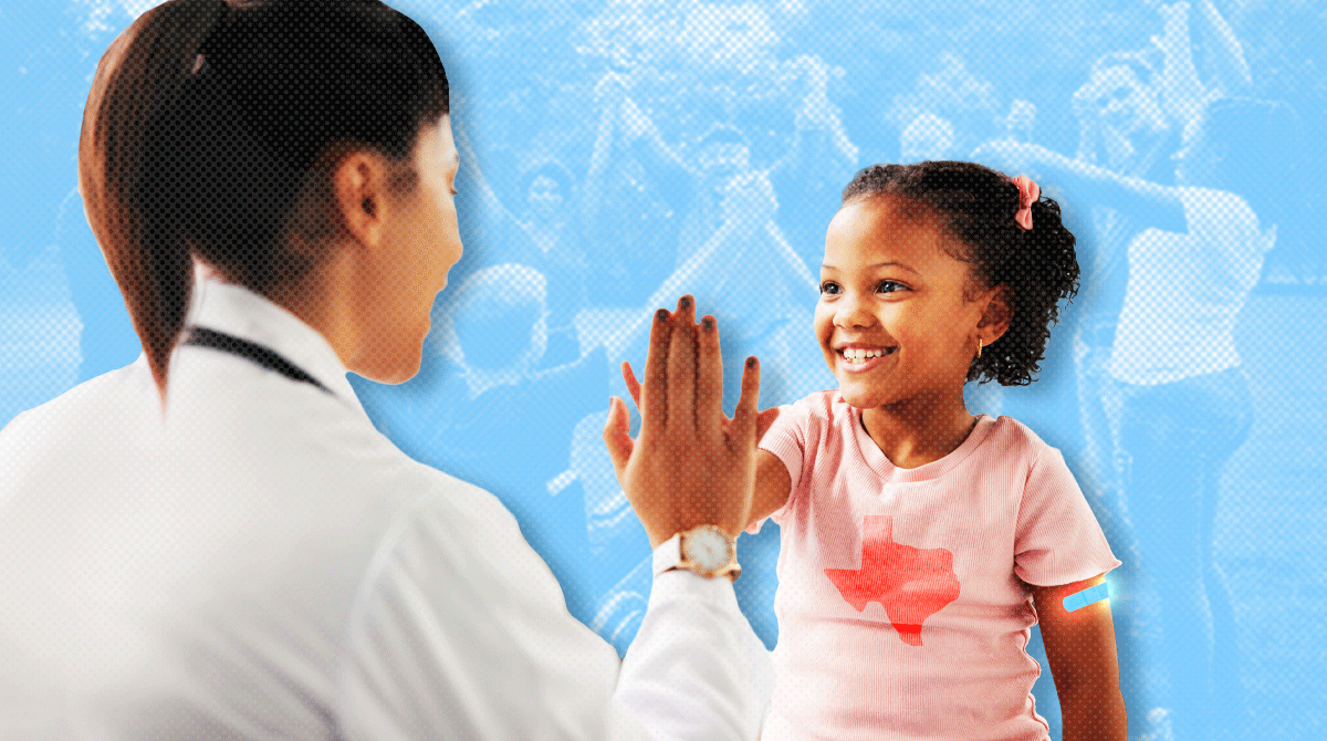 Pediatric clinician high-fiving a smiling girl during a checkup, blue background.