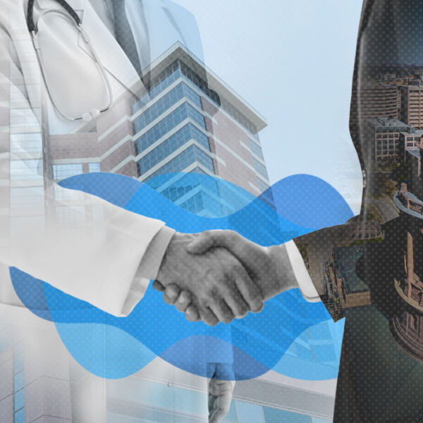 Handshake between a doctor and a government official overlaid with hospital and capitol imagery, symbolizing health policy collaboration.