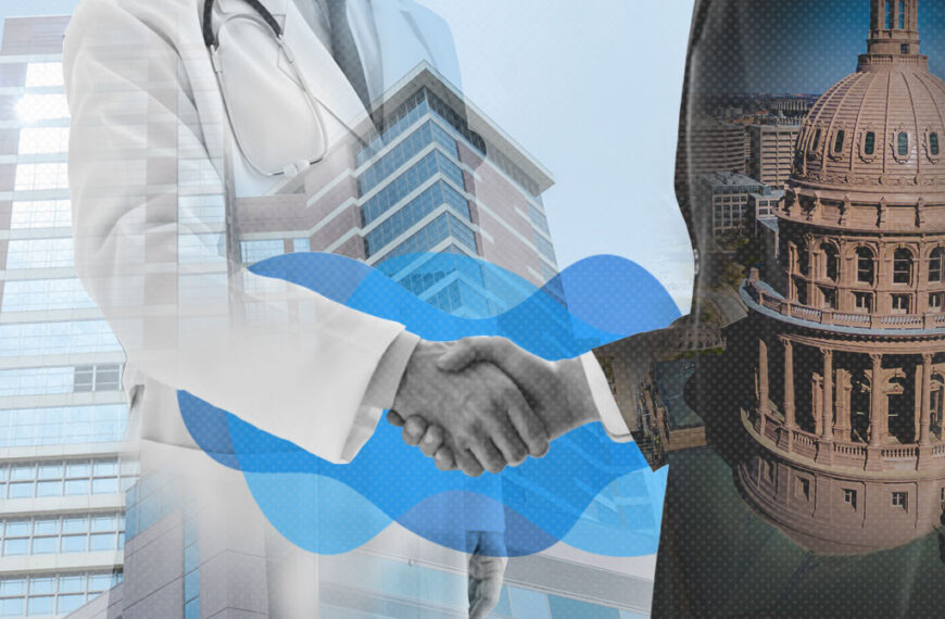 Handshake between a doctor and a government official overlaid with hospital and capitol imagery, symbolizing health policy collaboration.