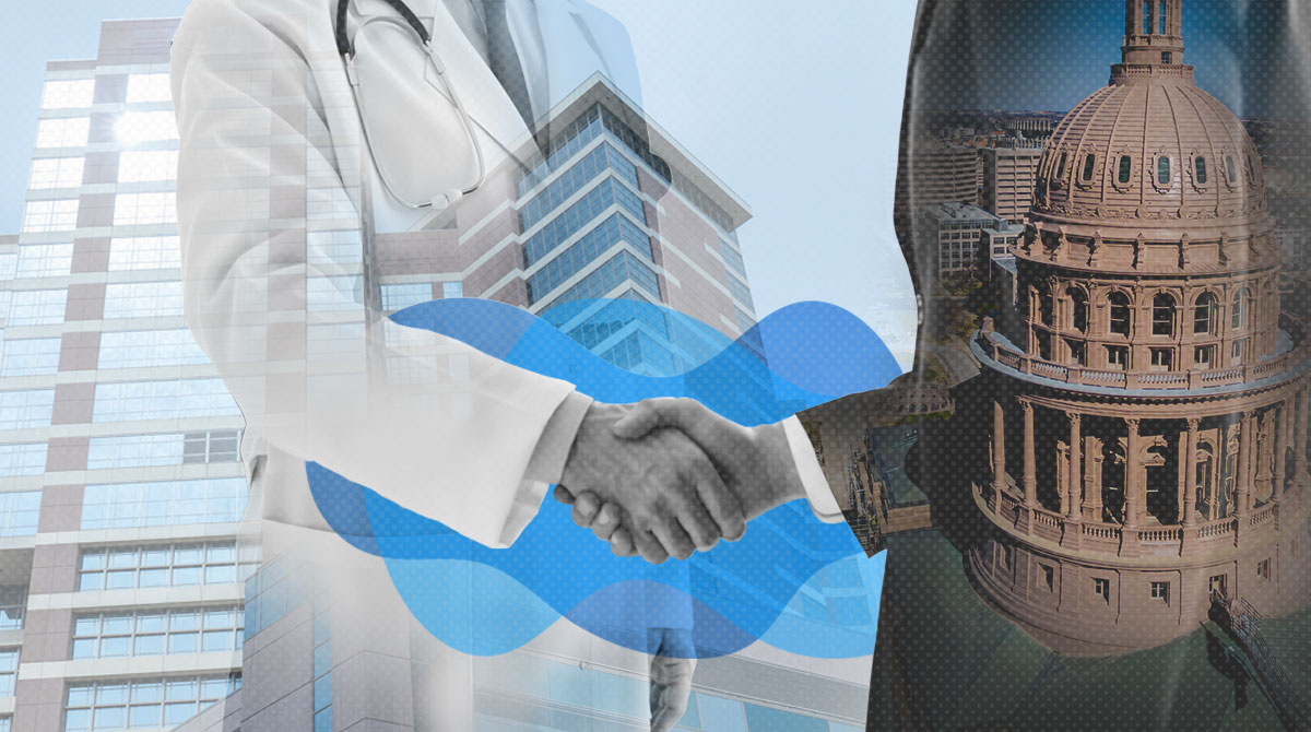 Handshake between a doctor and a government official overlaid with hospital and capitol imagery, symbolizing health policy collaboration.
