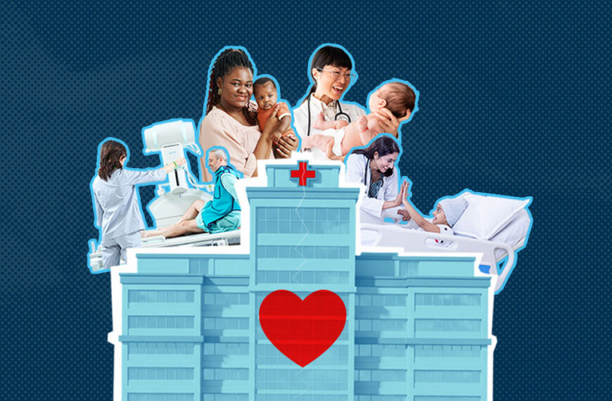 Collage of healthcare professionals around a hospital building with a large red heart, symbolizing care and compassion in medical services.