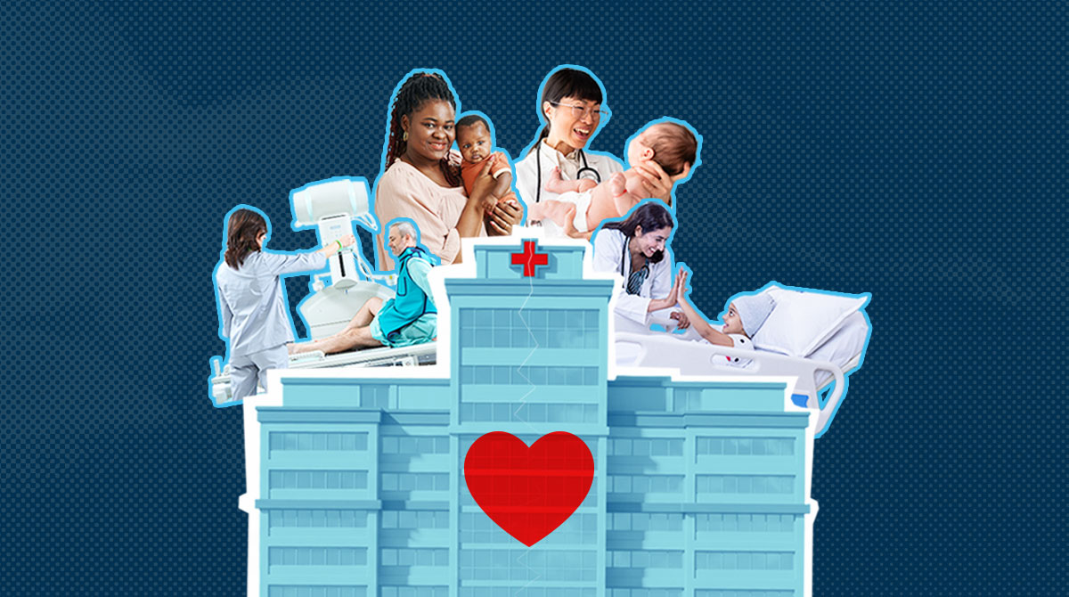 Collage of healthcare professionals around a hospital building with a large red heart, symbolizing care and compassion in medical services.