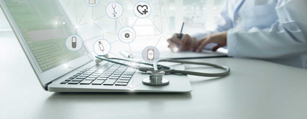 Clinical Resources - Texas Hospital Association Clinician typing on a laptop with a stethoscope beside it and floating interconnected medical icons.