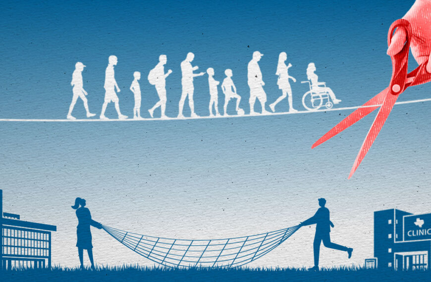 Top row shows white silhouettes of human evolution ending with a person in a wheelchair; a large red hand cuts a ribbon with scissors on the right; at the bottom, two people pull a rope between a hospital and a clinic, suggesting healthcare access and disruption of barriers.