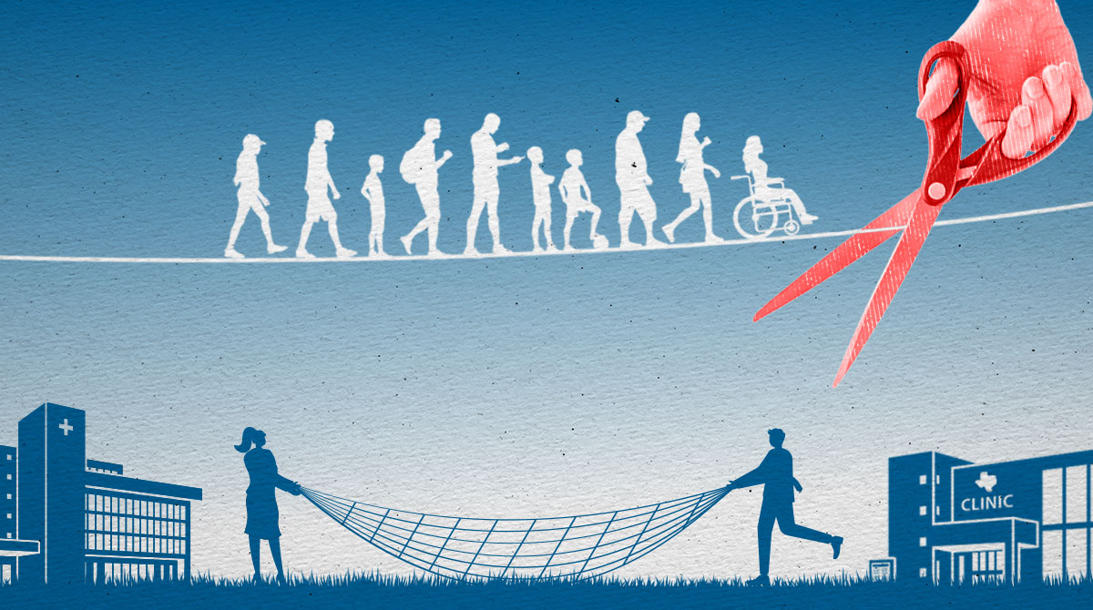 Top row shows white silhouettes of human evolution ending with a person in a wheelchair; a large red hand cuts a ribbon with scissors on the right; at the bottom, two people pull a rope between a hospital and a clinic, suggesting healthcare access and disruption of barriers.