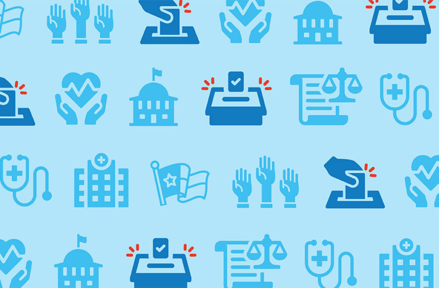 Decorative pattern of blue medical icons on a light blue background, including hands with a heart, stethoscope, hospital, ballot box, documents, and flags.