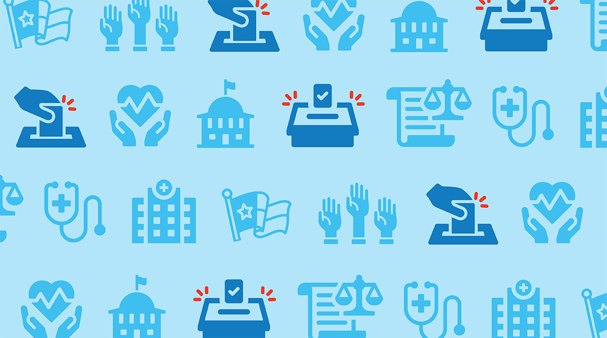 Decorative pattern of blue medical icons on a light blue background, including hands with a heart, stethoscope, hospital, ballot box, documents, and flags.
