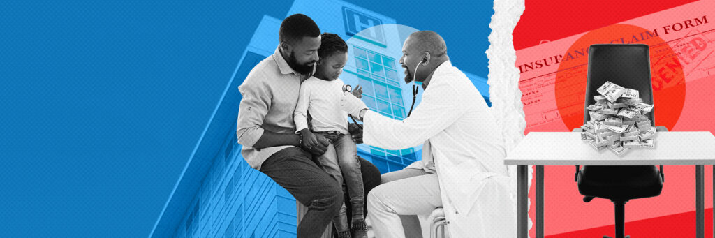 Father holds child while a doctor checks the child with a stethoscope; blue and red background hints at healthcare and costs.