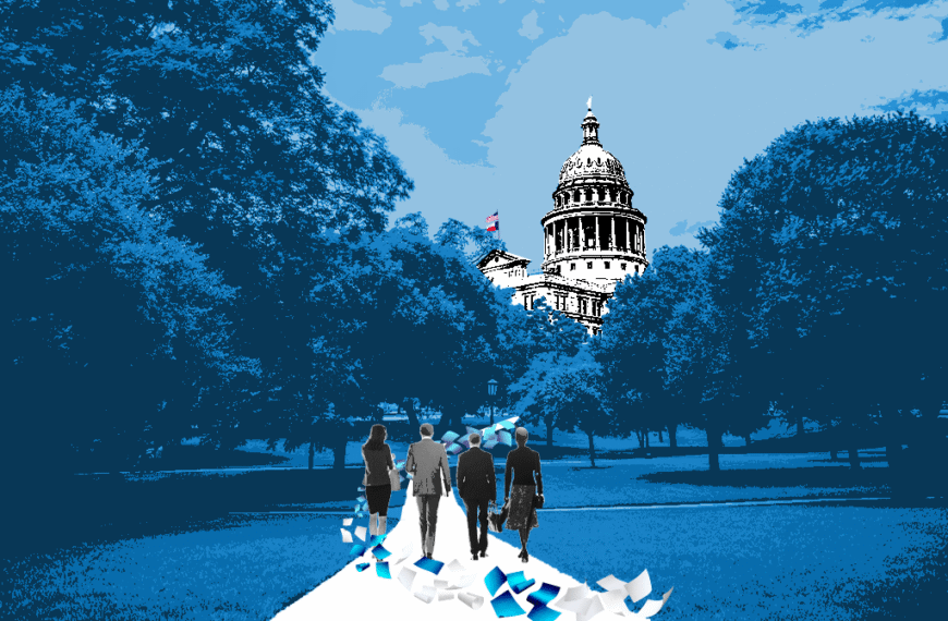 A group of four people walking along a white path toward a domed Capitol building, with blue-toned trees surrounding them and scattered papers along the path—symbolizing a journey or civic process