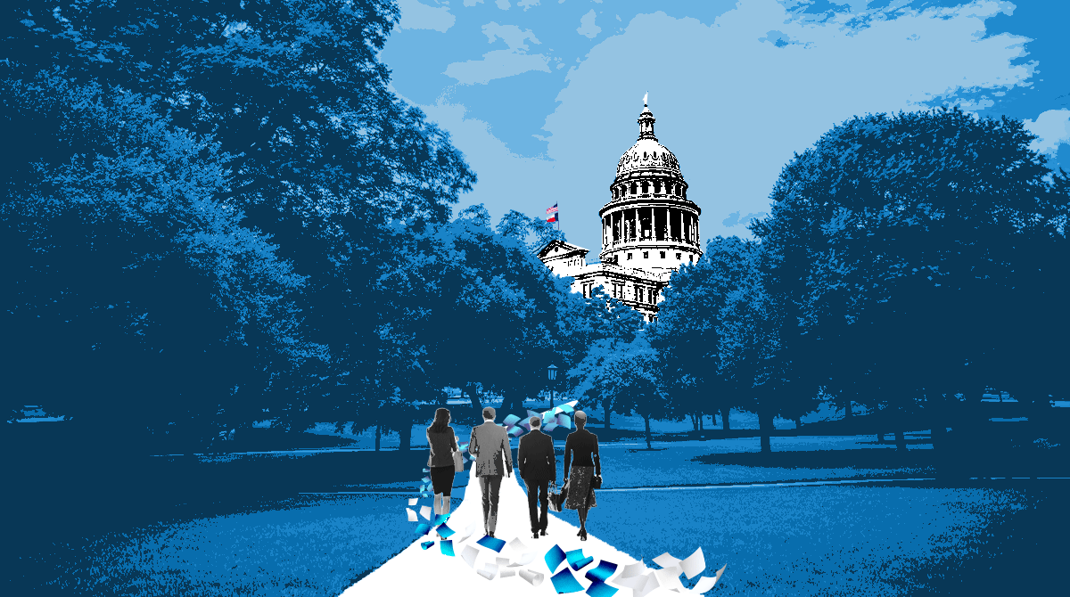 A group of four people walking along a white path toward a domed Capitol building, with blue-toned trees surrounding them and scattered papers along the path—symbolizing a journey or civic process