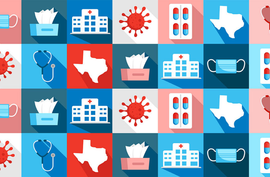 Grid of health icons: masks, tissue boxes, hospital, virus, pills, stethoscope, and Texas map on colored squares